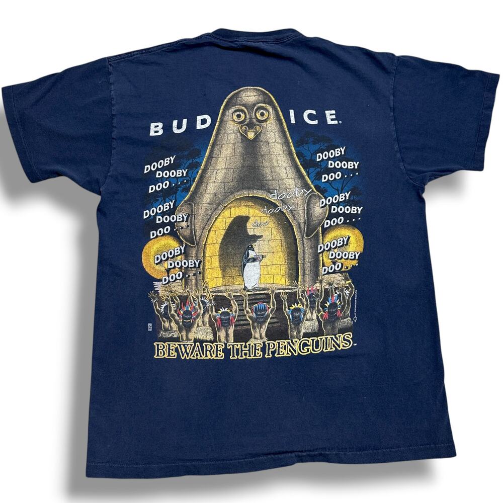 Vintage 90s Bud Ice Beer Beware The Penguins Tee Shirt Dooby Doo Sz L